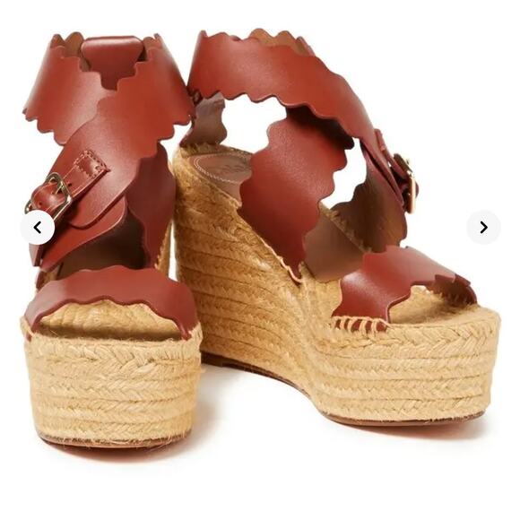 Chloé Brown Lauren Scalloped Leather Espadrille Wedge Sandals Sz 40 - Picture 2 of 13